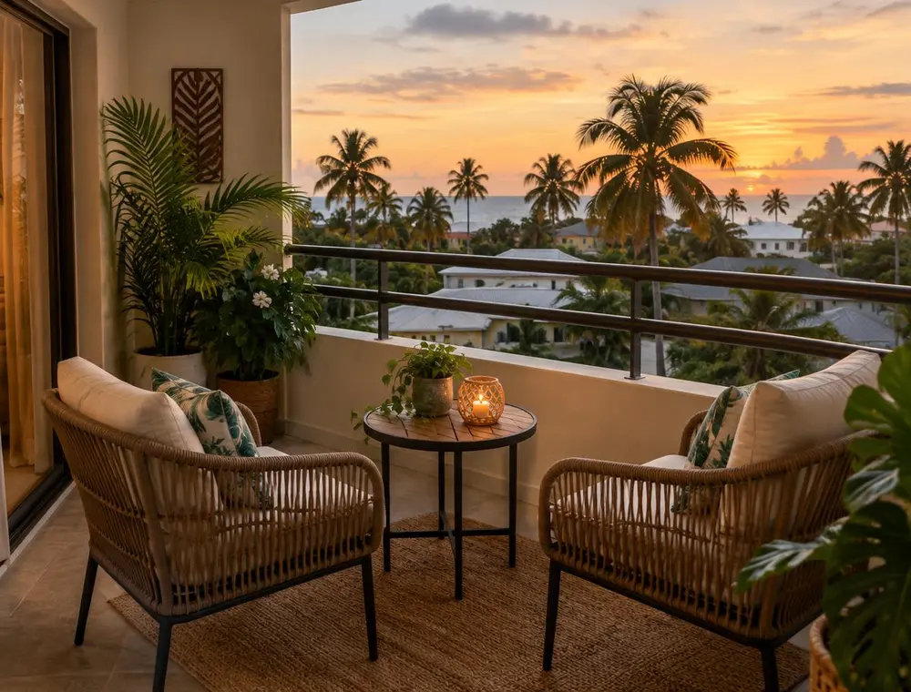 Balcón con dos sillones y mesa pequeña con vista a palmeras al atardecer