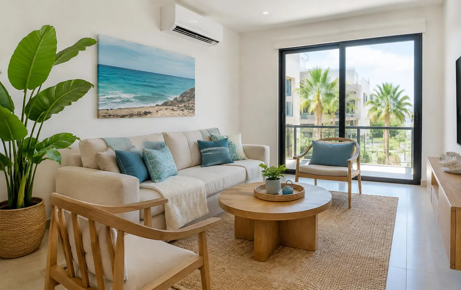 Sala de departamento amueblado con sofá claro, cojines azules y ventanal con palmeras